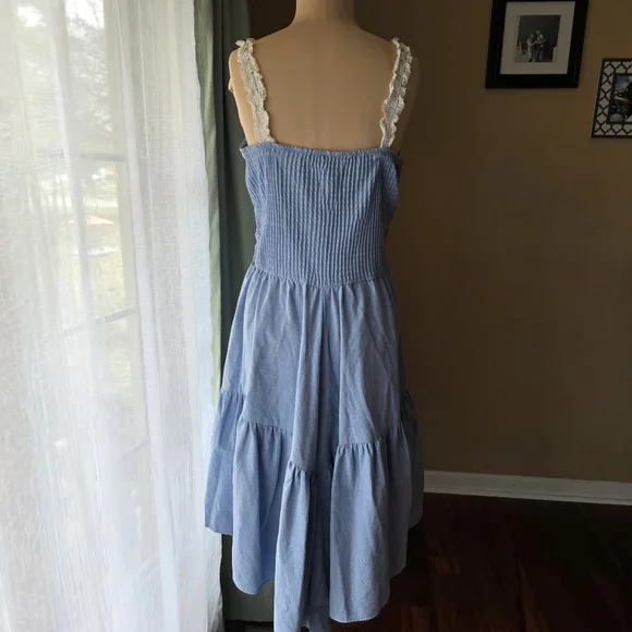 Vintage 70s Frederick's of Hollywood Tiered Denim Dress Medium w Lace Straps - Picture 5 of 9